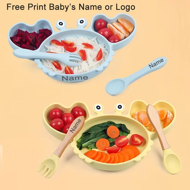 Crab Plate For Baby Silicone Tableware Suction Bowl Plate Tray Bibs Spoon Personalized Name Baby s