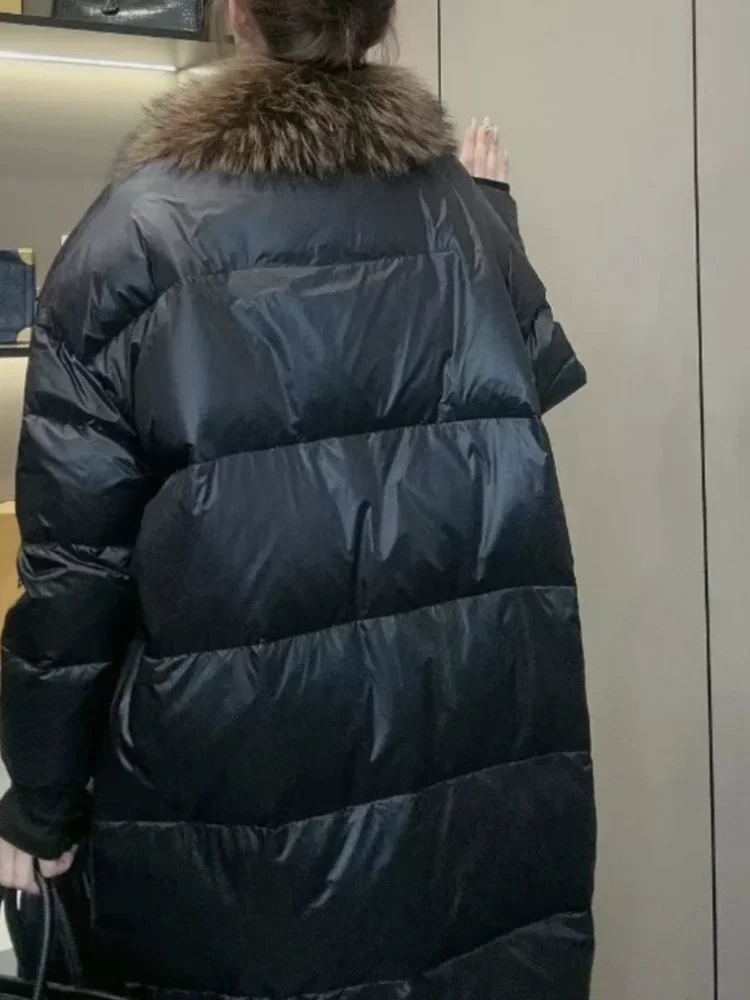 European Goods Winter New Down Jacket Women's High-End Fashion Mid-Length Raccoon Fur Collar Down Coats Long Sleeve Long Jackets