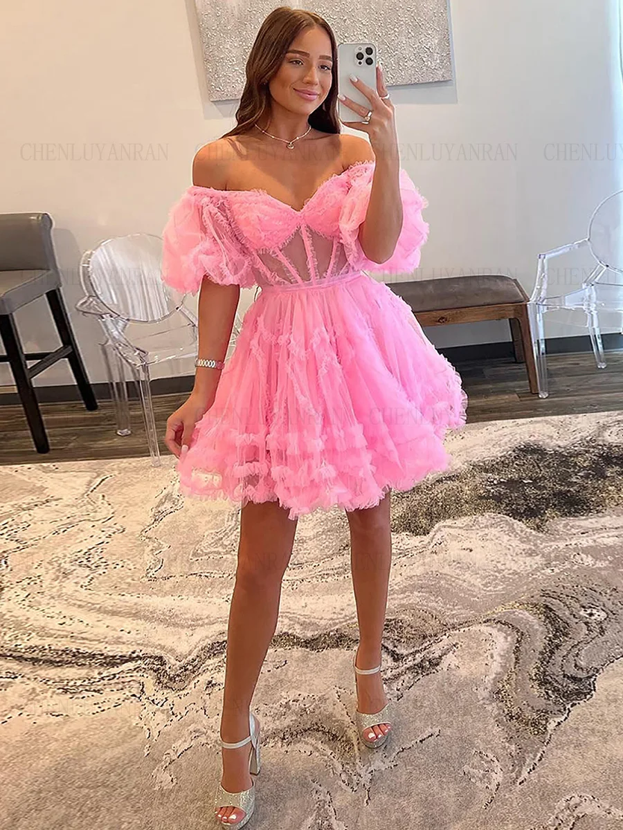Pink Tulle Formal Occasion Dresses Puffy Sleeves Mini Homecoming Dress A-Line Sexy Evening Gowns فساتين مناسبة رسمية GDS98005