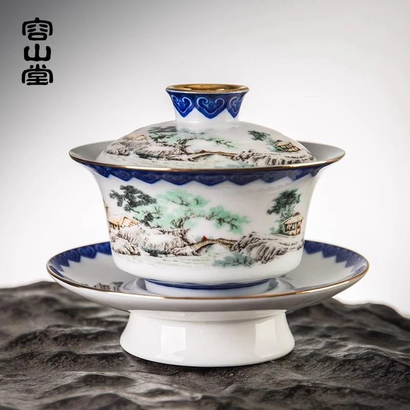 Rongshantang Jingyun covered bowl tea cup set ceramic large enamel painted Sancai blue and white tea bowl Kung Fu set