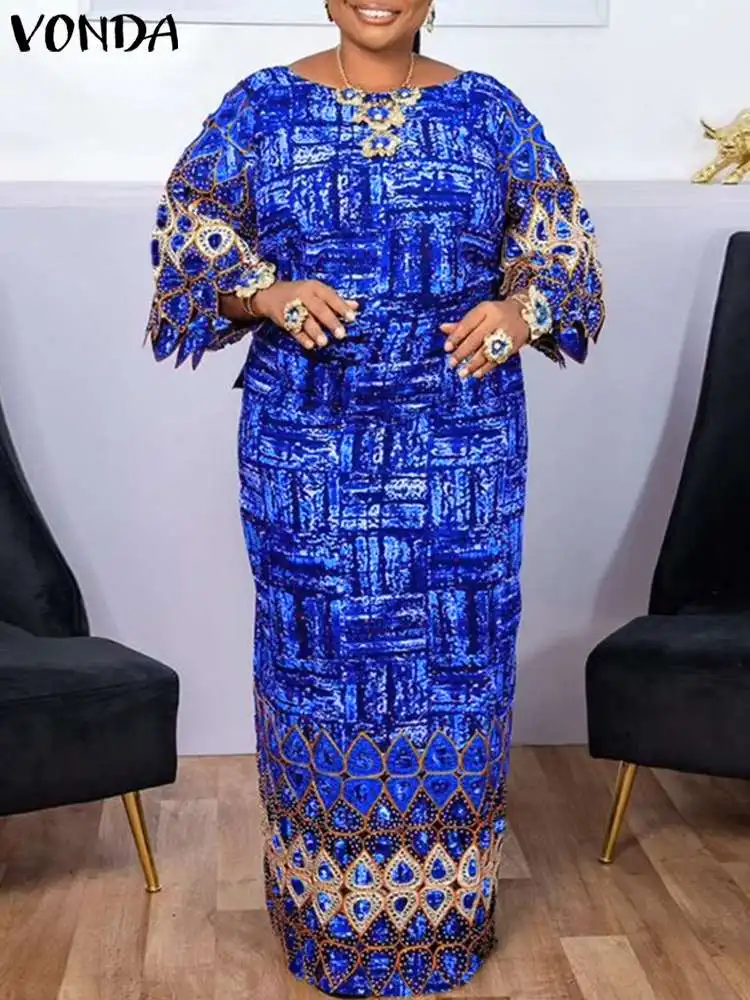

VONDA Women Summer Party Maxi Dress 2024 Printed Bohemian Long Sundress Loose Robe Vintage Flare Sleeve Party Streetwear Dress