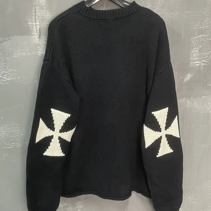 

y2k new Askyurself Sweaters Cross Jacquard Black White All Match Men Women Couples ASKYURSELF Knit Crew Neck Pullovers Tops