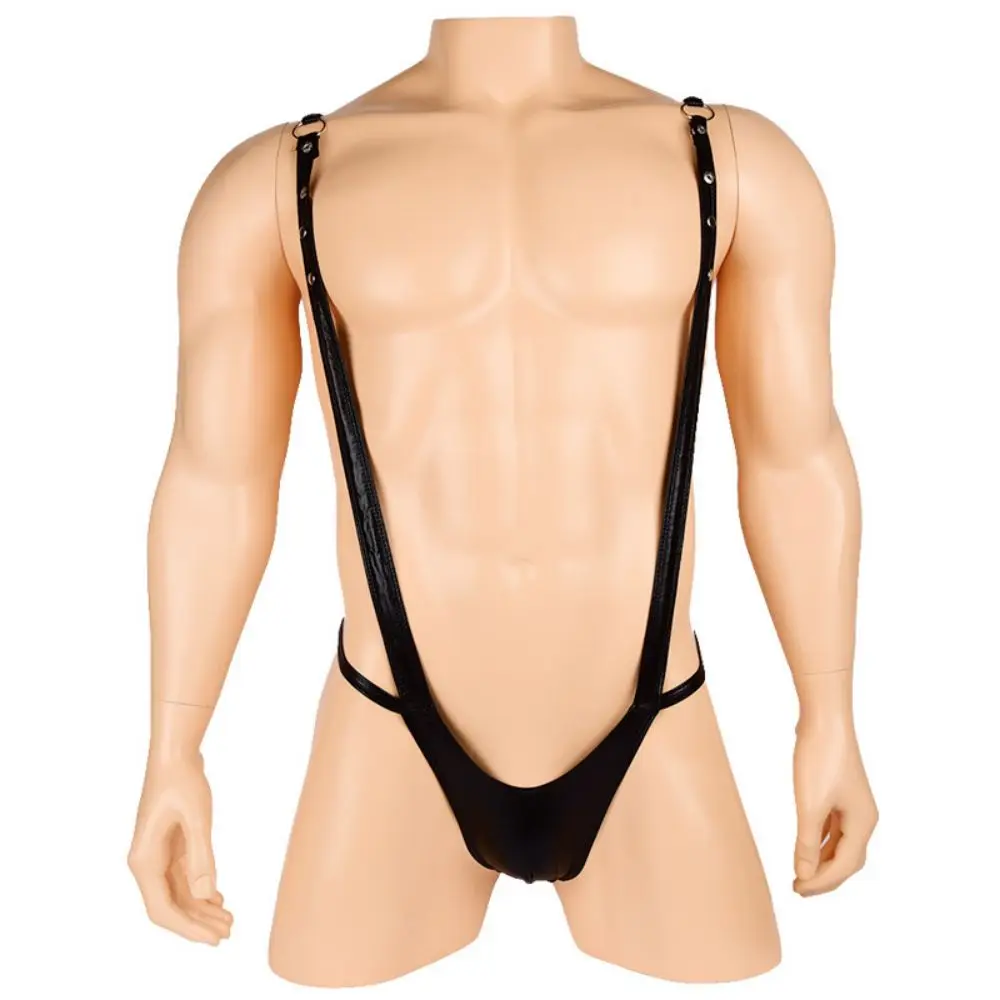 

Men'S Sexy And Fun Underwear Jumpsuit Thong Lingerie Men'S Black Imitation Lacquer Leather Pu Sexy One Piece Sling T Pants