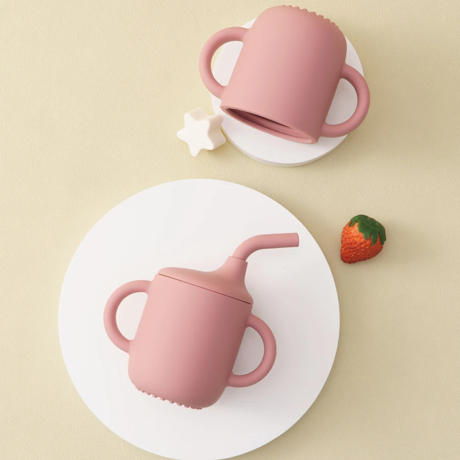 실리콘 컵, 순색 물병, 어린이 수유 훈련 용품, 더블 핸들 시피 컵, 휴대용 식기, 1PC