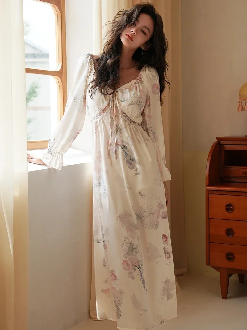 

Women Spring Long Flare Sleeve Silk Pajama Dress Print V-neck Lace-up Fairy Backless Princess Sleepwear Nightgowns Home Clothes