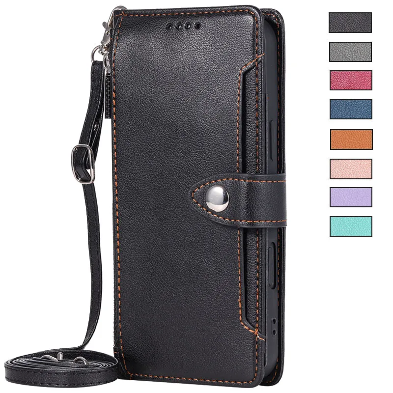 Leather Wallet Case with Long Strap and Zipper Closure
