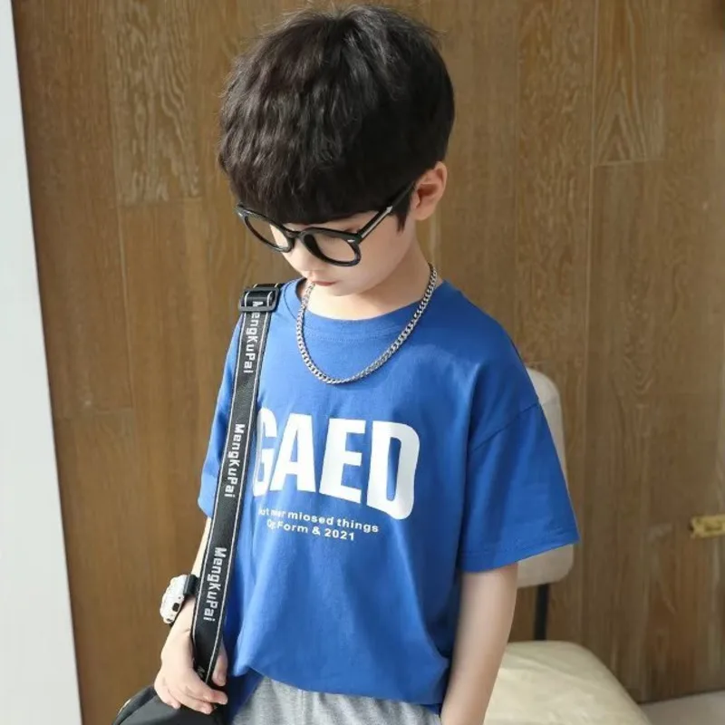 

Summer Handsome Cool Kids Boy Casual Cartoon Bear Print Trendy Children's Pure Cotton T-shirt Short Sleeve Toddler Tees Han Fan