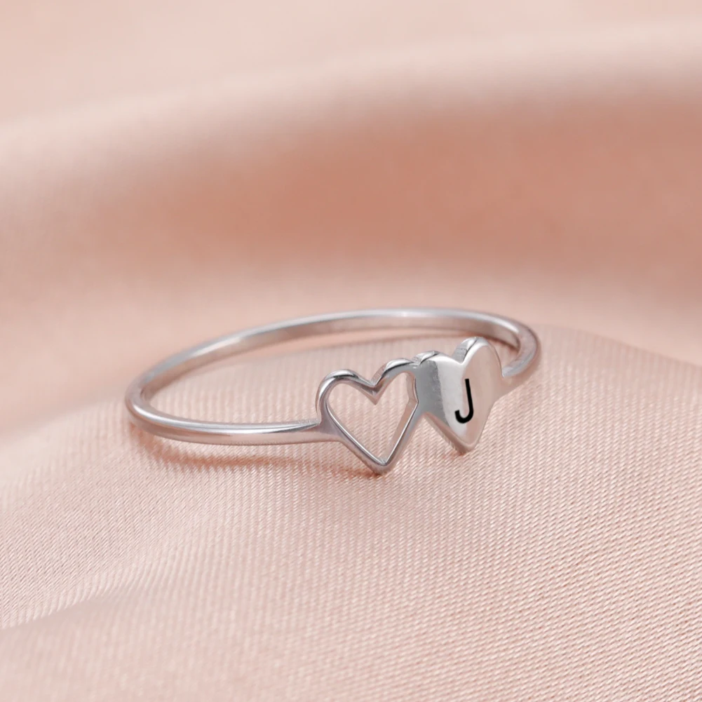 Kkjoy Simple Stainless Steel Double Hearts Initial Letter Rings For Women A-Z Alphabet Lover Ring Valentine's Day jewelry Gift 3