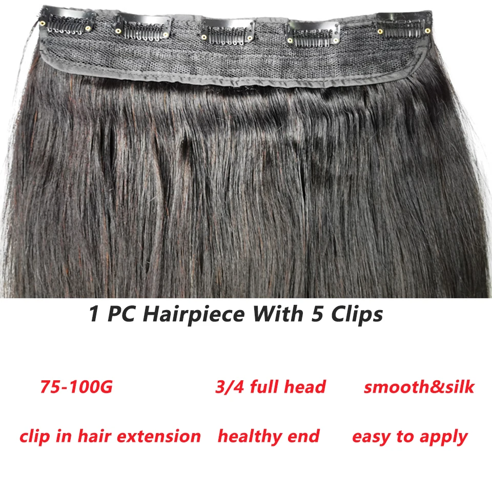 One Pcs Hairpiece With 5 Clips In Hair Extensions 100% Brazilian Remy Human Hair Natural Black Color 14-30 Inches For Women