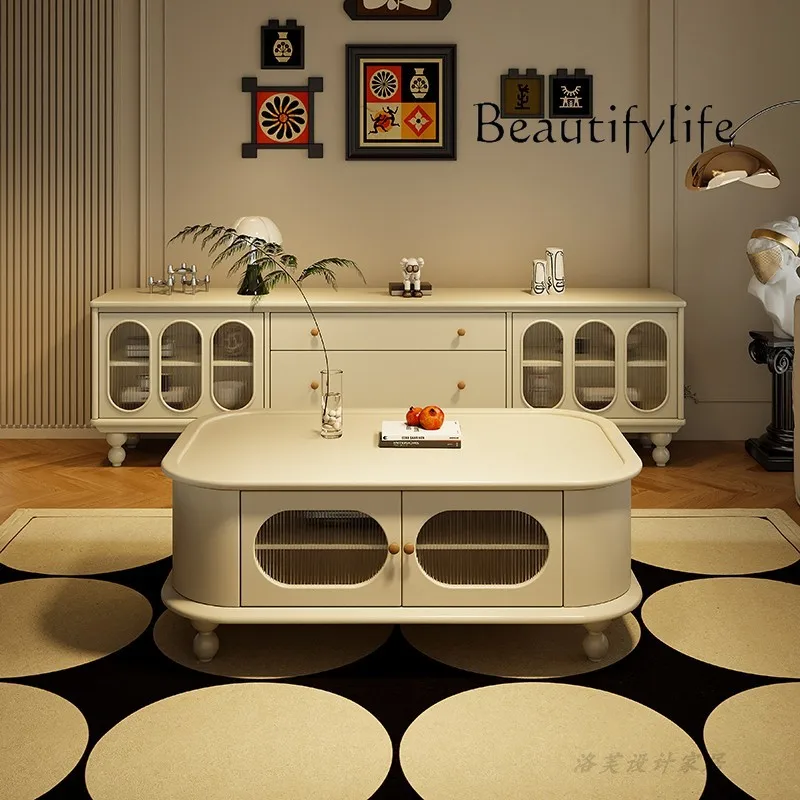 

French Coffee Table Combination Living Room Film and Television Cabinet White Light Luxury Solid Wood Storage Glass Side Cabinet