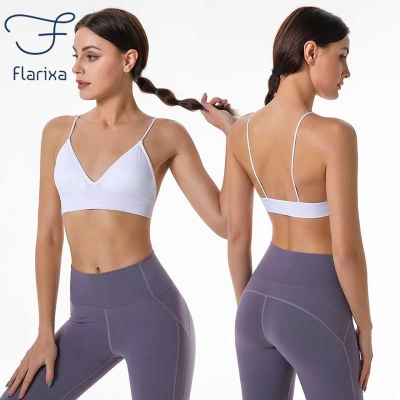 

Топ Flarixa для фитнеса и йоги с глубоким V-образным вырезом, сексуальный треугольный бюстгальтер без косточек, спортивный бюстгальтер, женский топ-труба, укороченный топ