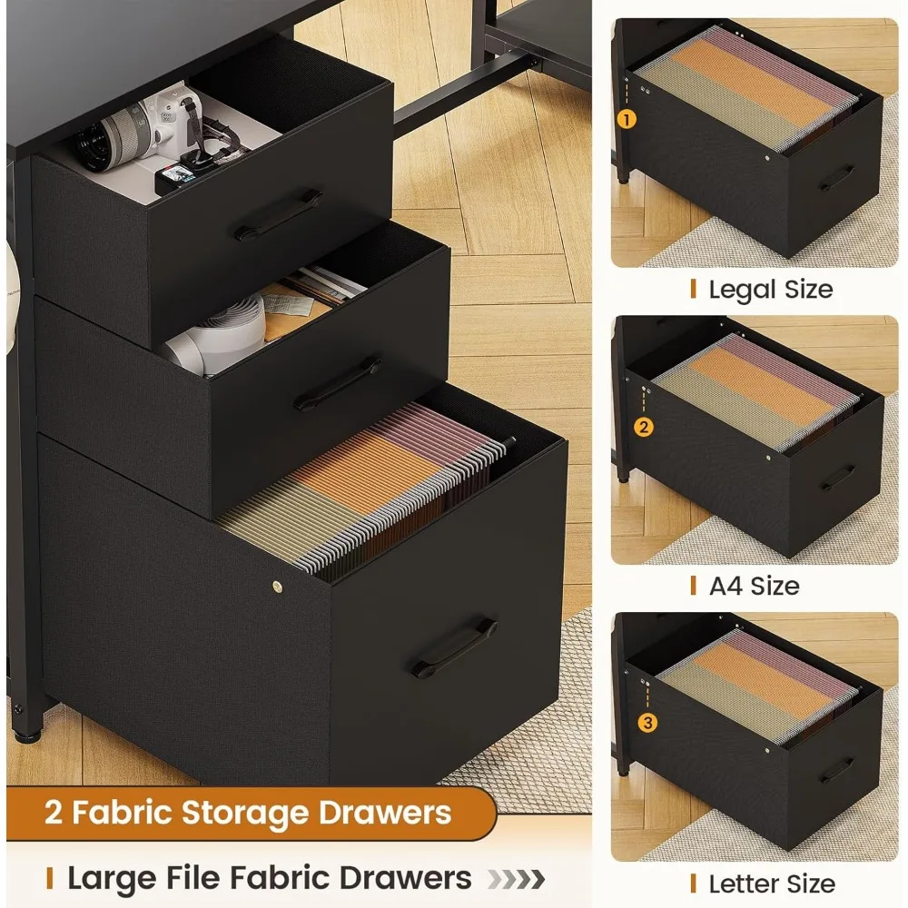 L Shaped Computer Desk, 58'' Office Desk with 3 Drawers and Bookshelf, L Shaped Corner Desk with Storage Shelves and LED Light 4