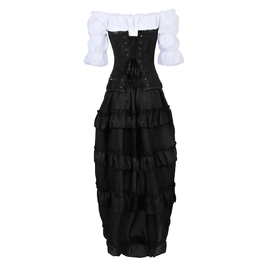 Women Steampunk Corset Dress Gothic Leather Corset Top Renaissance Blouse With Burlesque Skirt Three-Pieces Set Pirate Costume