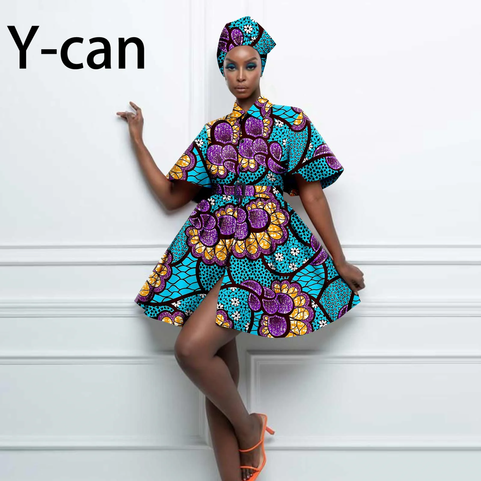 

African Party Dresses for Women Dashiki Ankara Lantern Sleeve Skirt with Belt Matching Headscarf Bazin Riche Attire Y2325077