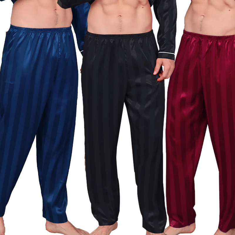 Three colors of Men's Pajama Pants Ice Silk Summer Striped Sleepwear Oversized Casual Home Pants Sleeping pajama pants