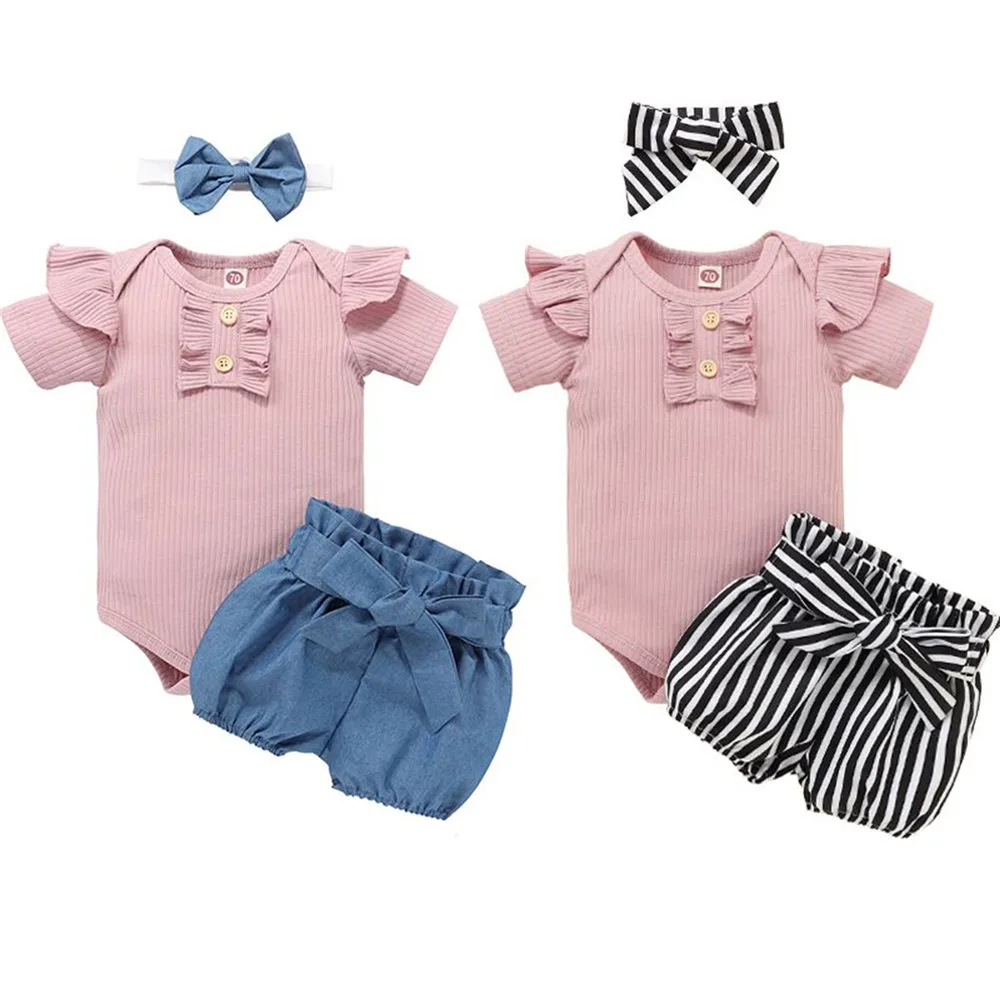 

Baby Girl Clothing Sets Pink Rib Knit Bodysuit Romper Blue Denim Shorts Headband 0-24M Newborn Infant Toddler Summer Outfits