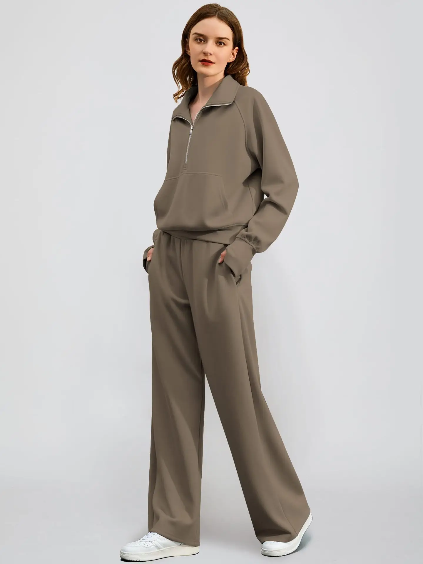 Woman Solid Color Half Zip Long Sleeve Sweatshirt and Wide Leg Pants Set Casual Sporty Two Piece Outfit 1