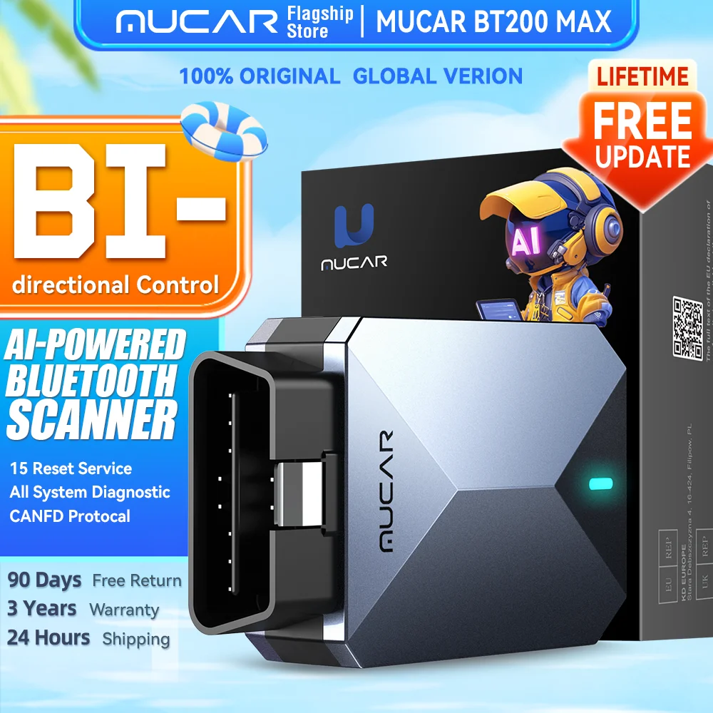 MUCAR BT200 MAX AI Automotive Tool OBD2 Bluetooth Scanner CANFD Active Test 15 Reset Full System Diagnose For All Cars Life Free