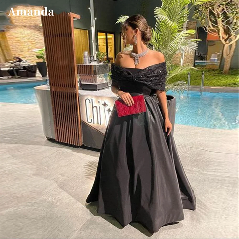 Amanda Sequins Bow فساتين مناسبة رسمية Off Shoulder Evening Dress Black A-line Prom Dress Silk Satin Ball Gown Robe De Soirée