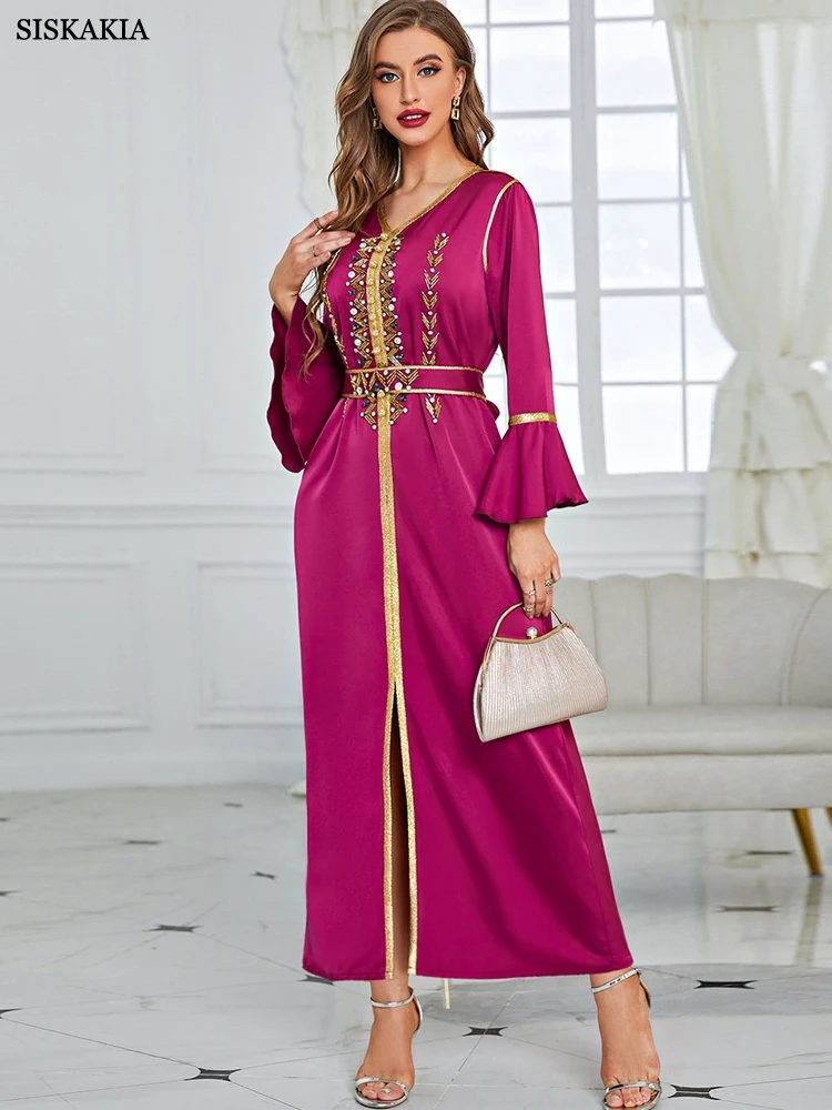 

Muslim Dress Women Ruffles Sleeve V-Neck Diamonds Belted Kaftan Split Hem Casual Loose Waist Abaya Femme Islam Dubai Dresses