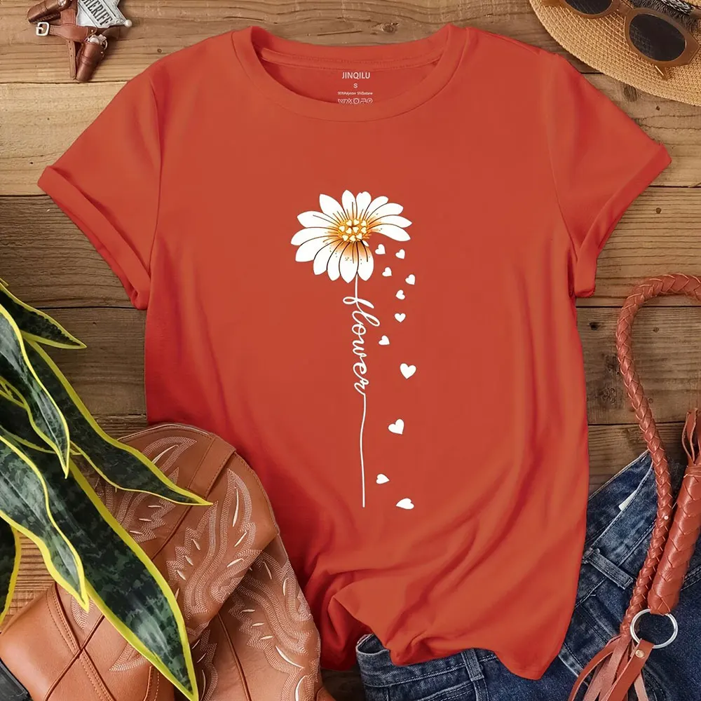 

Ladies Casual Chrysanthemum Printed T-Shirt Round Neck Pullover Short Sleeve Top New Fashionable and Simple Women’S Clothing