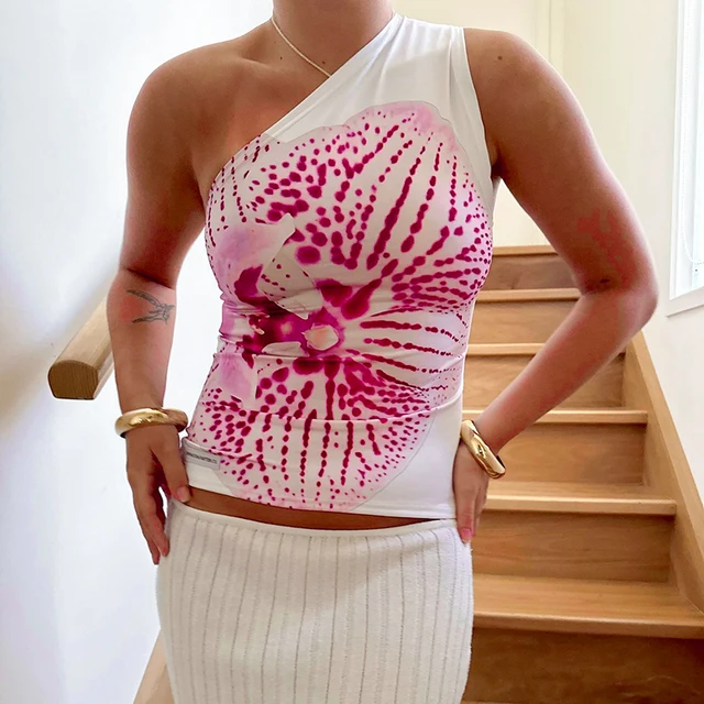 Floral Print Fitted Tops Women Resort Wear Graphic Tees Summer 2025 Casual One Shoulder Slash Backless Tank Top
