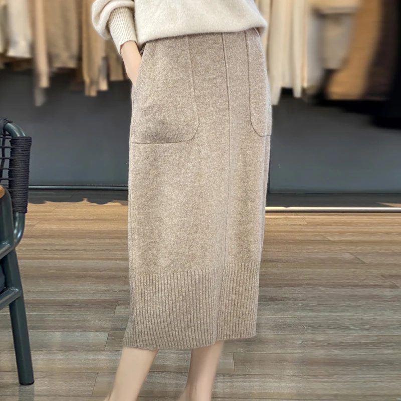Knitted Cashmere Skirt for Women, Double Pocket, 100% Pure Wool, Commuter Joker, Straight Skirt, Autumn and Winter, New 5