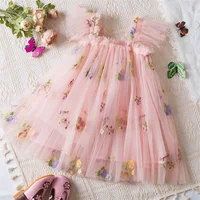 Summer Girls' Princess Party Birthday Dress Sweet Baby Girls Dress Back Bow Wings Fairy Strap Embroidered Butterfly Mesh Dress 4