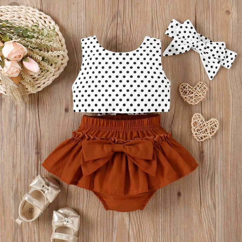 

3PCS Baby Girls T-shirts Shorts Headband Outfit Summer Infant Backless Dots Vest PP Pants Clothes Set Fashion Tops Bottoms