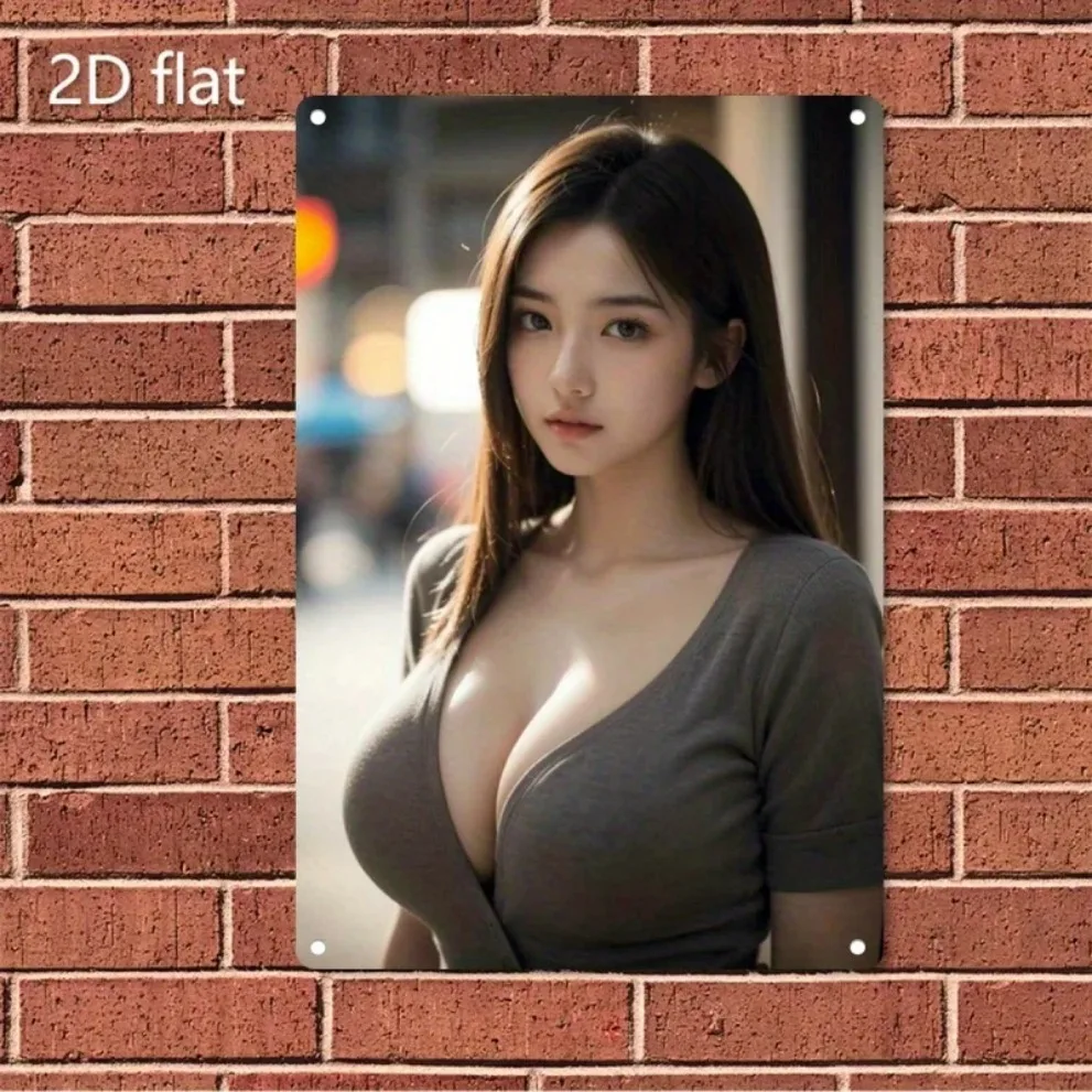 HD 메탈 벽 장식, 세련된 아시아 미녀의 시스루 민트 블라우스, 핀업걸 빈티지..