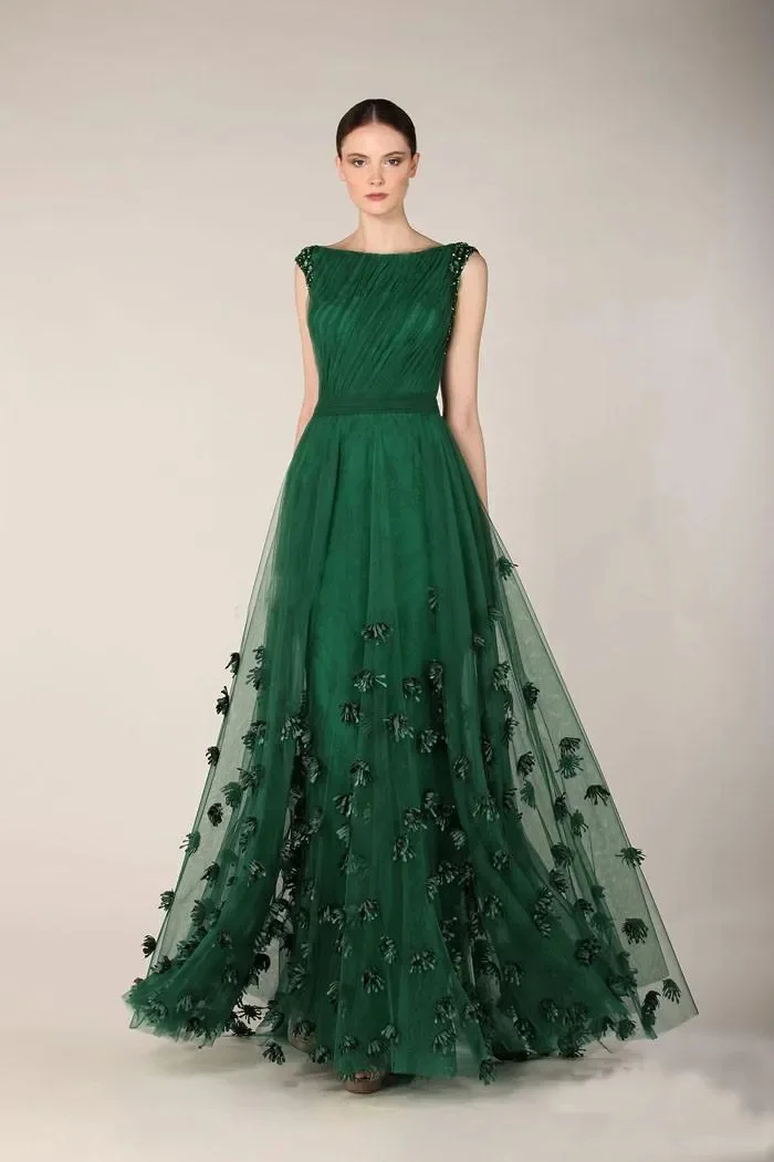 

Hot Slae Emerald Green Prom Dresses Evening Gowns Bateau Neckline Cap Sleeves Tulle Appliques Flora Party Dress Formal Party Wea