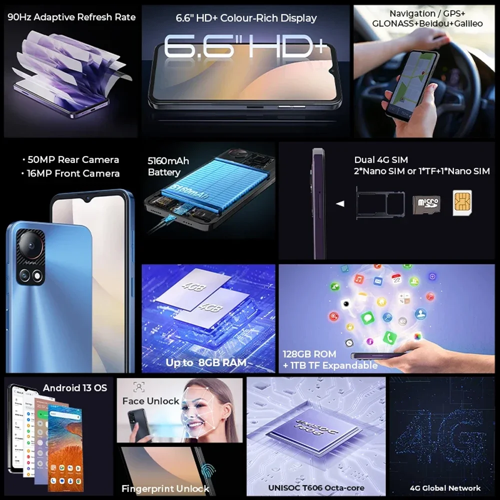 HOTWAV Note 13 Smartphone Android 4G 6.6 Inch HD+ T606 Octa-Core 4GB+128GB Mobile Phone 50MP Camera 5160mAh Battery Cellphone