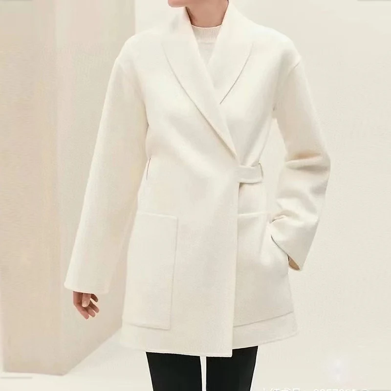 

Vintage lapel lace-up waist pocket double sided cashmere coat Women's new fashion all-in-one tweed coat for autumn and winter