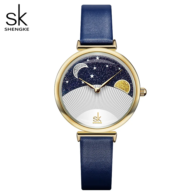 Shengke Original Design Woman Watches Fashion Leather Strap Moon and Star Women's Quartz Wristwatches Top Brand Ladies Clock