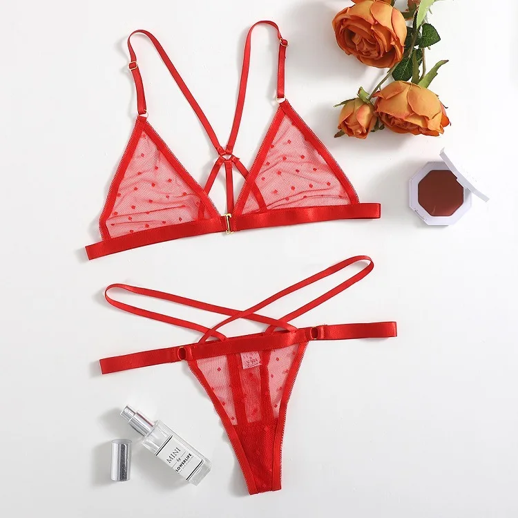 Conjunto de sutiã feminino sexy com bolinhas vermelhas, conjunto de calcinhas bralette transparentes, conjunto de roupa íntima de malha sexy e bandagem_voghion.com