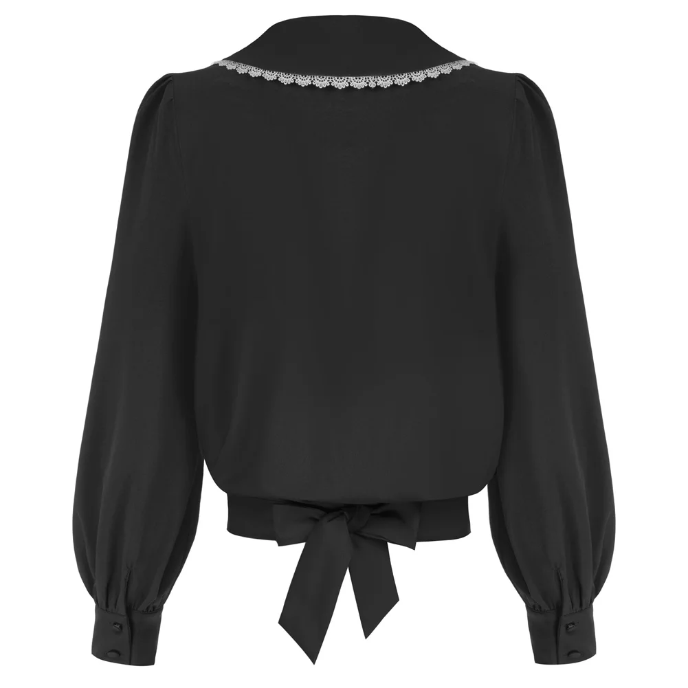 BP Women Vintage Cropped Shirt Summer Solid Long Lantern Sleeve Blouse Lapel V-Neck Button-up Tie Hem Tops Office Lady Workwear