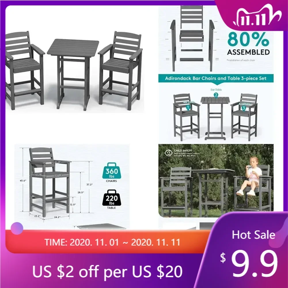 Outdoor Patio Adirondack 3-Piece Set with Chairs and Table, Pair of Adirondack Bar Stools and Matching Bar Table, Set of Outdoor