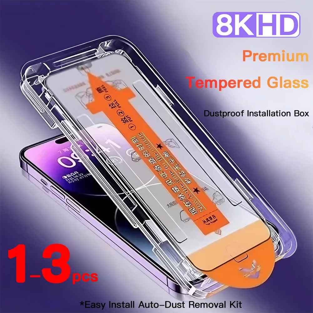 1-3 יחידות זכוכית מחוסמת ללא אבק עבור iPhone 15 14 13 12 Pro Max Plus כיסוי מלא התקנה קלה מגן מסך
