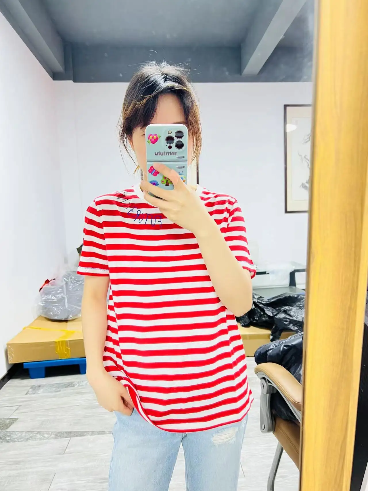 

2023 Spanish ladies spring summer autumn style short sleeve simple contrast color stripes