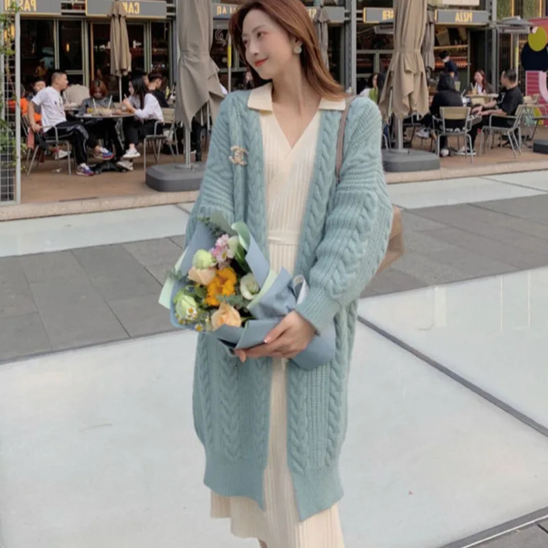 Women Knitted Cardigan Sweater V Neck Loose Long Jacket