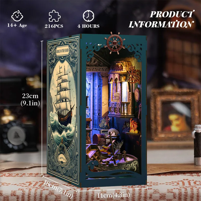 DIY Book Nook Shelf Insert Kits Riddle On The Seabed Bookshelf Wooden Miniature Model Kit Handmade Bookend Friends Xmas Gifts 5