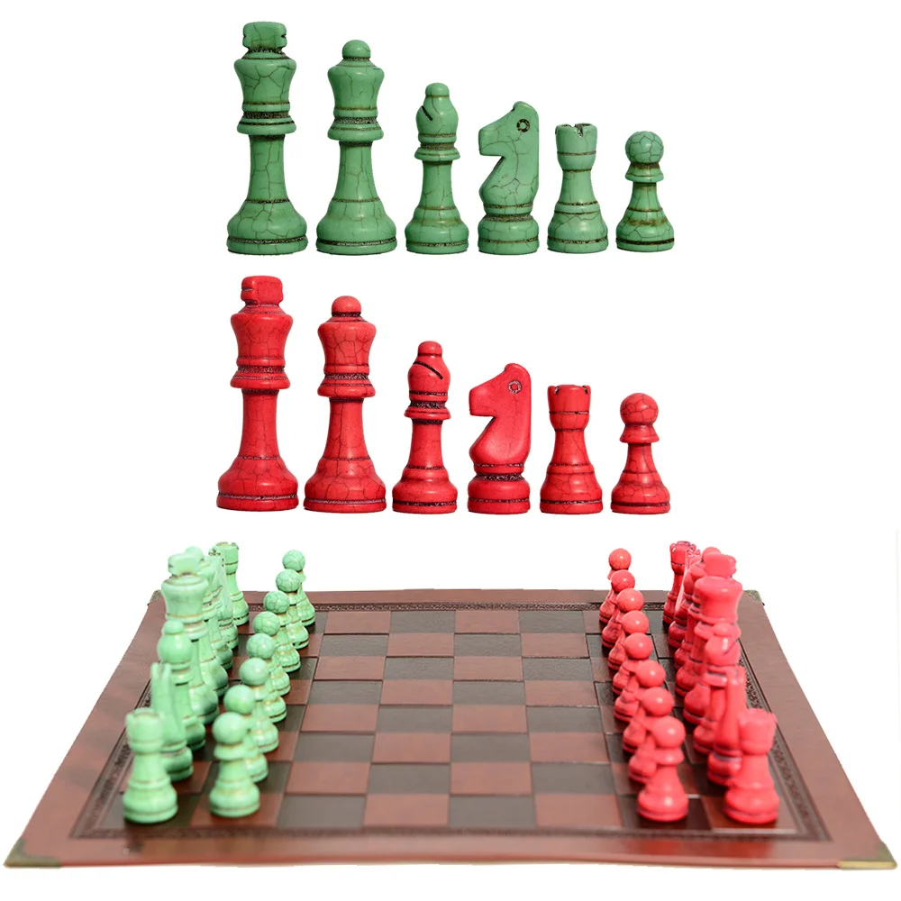 Red Green Stone Material, Stone Material, 32 Chess Pieces, Matched with Red Artificial Leather Board Game Toy, King Height 7.8cm