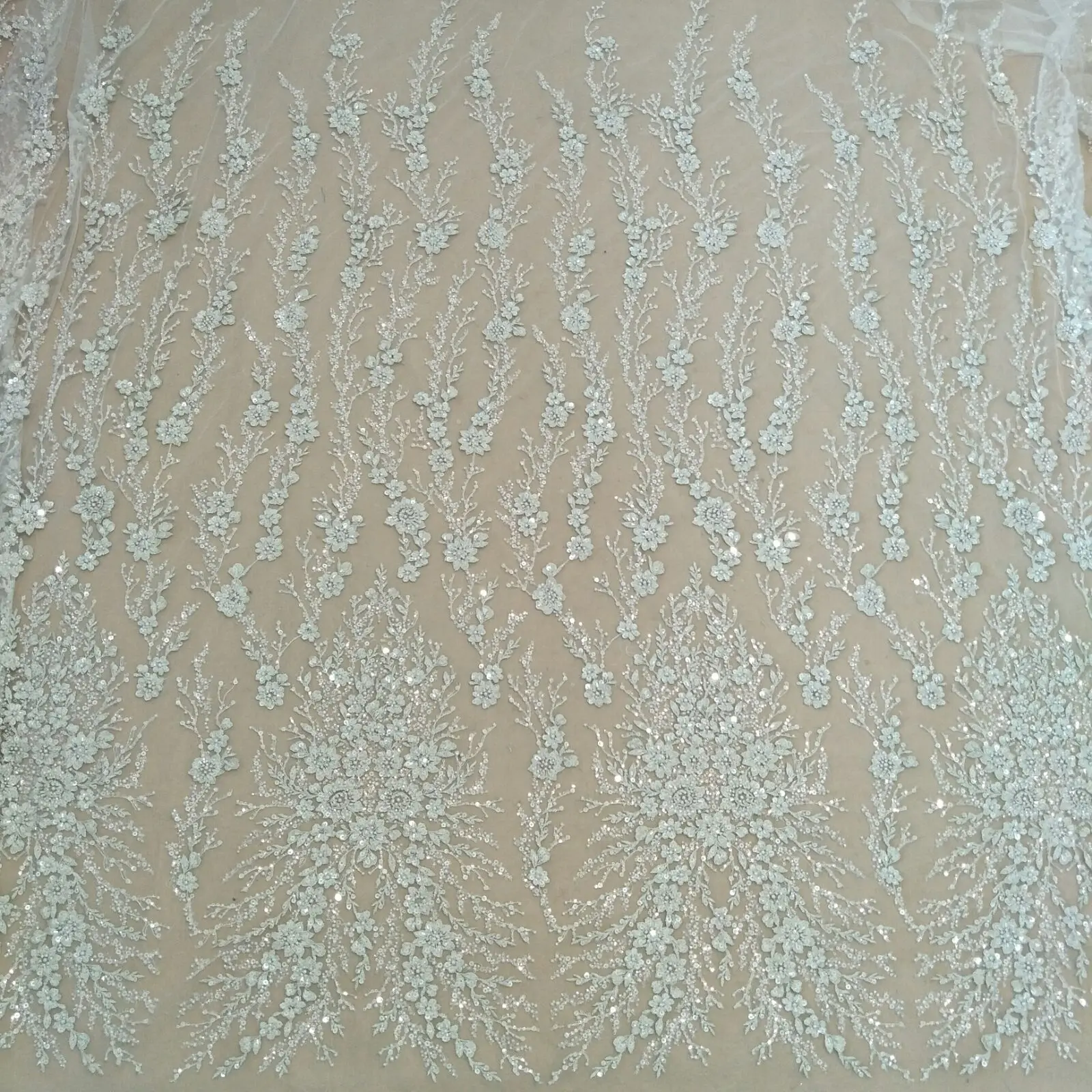 Off white Silver line Lace Fabric with beads and sequins for Wedding Dress DIY Children's Clothing Width 130cm lace fabric