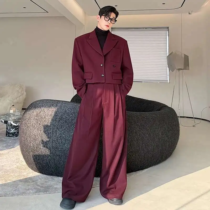 FEWQ Men's Two-piece Lapel Niche Design Solid Color Single Breasted Blazer Pleated Straight Wide Leg Male Suit Pants New 9C8389