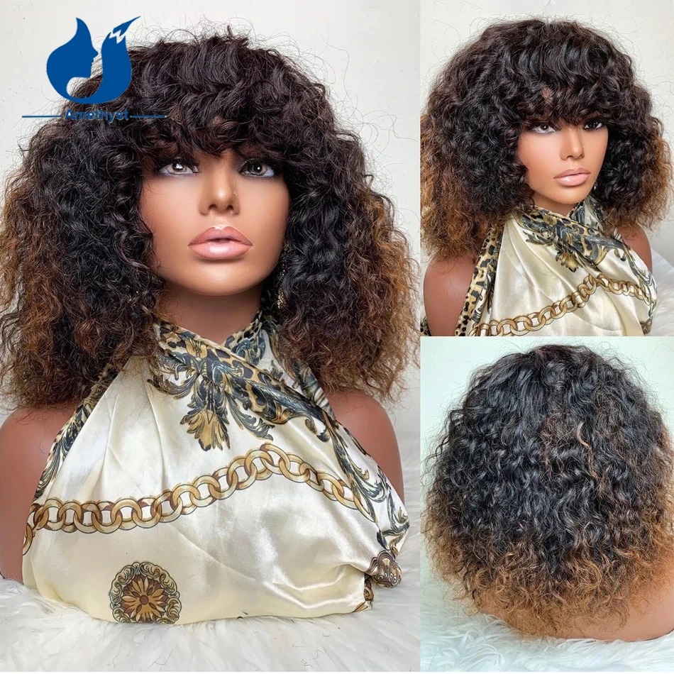 

Amethyst Short Deep Wave Bang Wig Colored For Women Scalp Top Full Machine Made Bob Wig Ombre Honey Brown Glueless Curly Hair