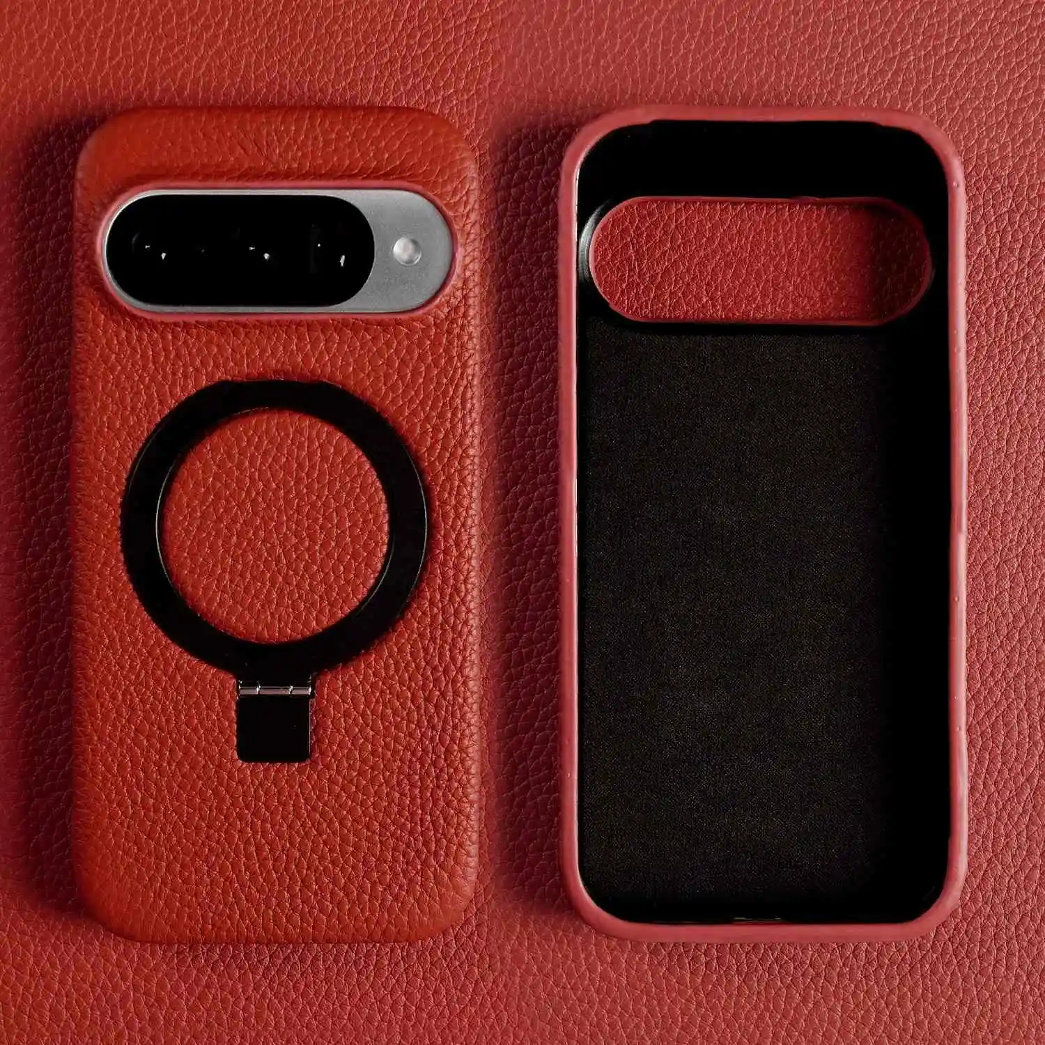 Genuine Leather Magnetic Ring Stand Phone Case with Stand & Magnetic Back Cover