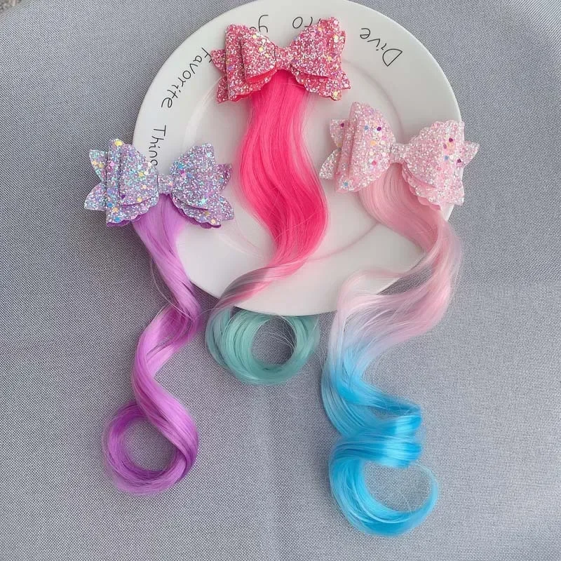 Gradient Color Bow Hair Clip Princess Style Girls Hairbands Girls Colorful Wigs Cartoon Unicorn Ponytail Clip Headwear Kids Gift