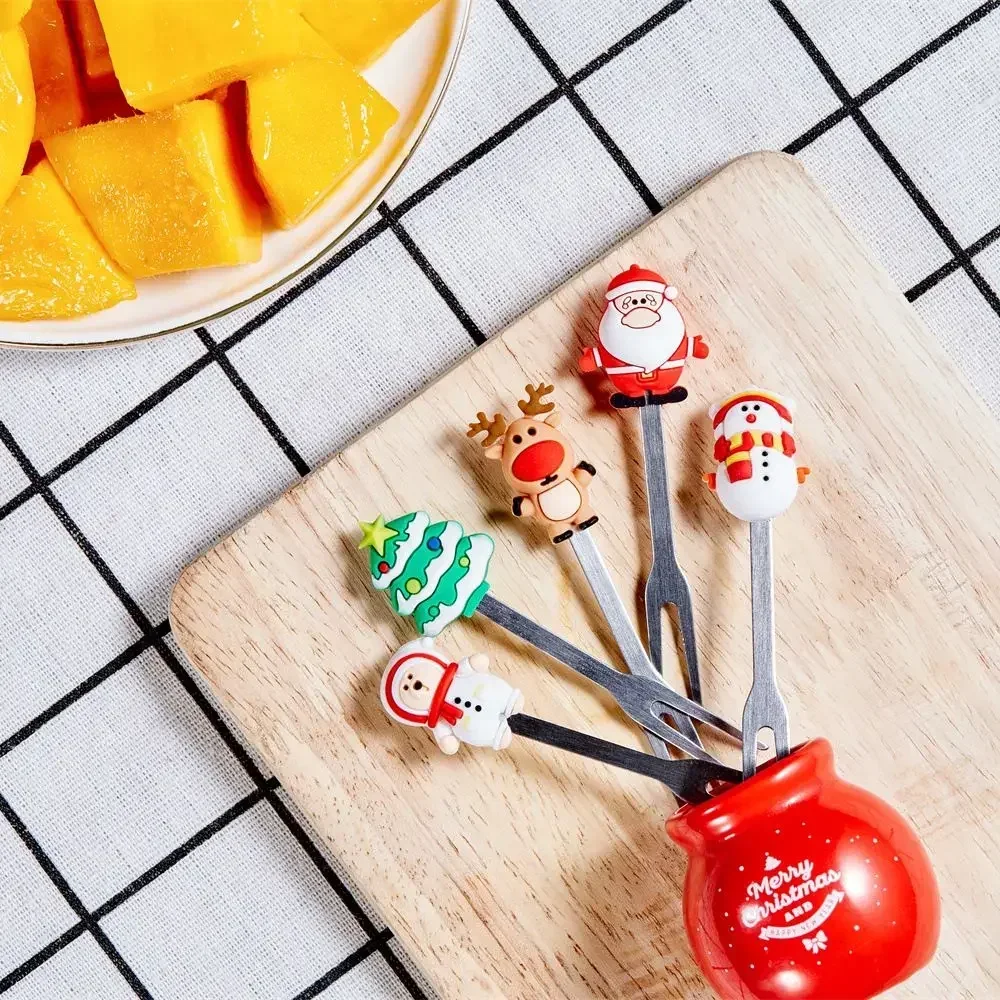 Description Picture 6 of item5pcs Christmas Theme Fruit Fork Stainless Steel Fruit Fork Set Salad Cutlery Kitchen Gadget Feliz Navidad Kid Favor for Festival