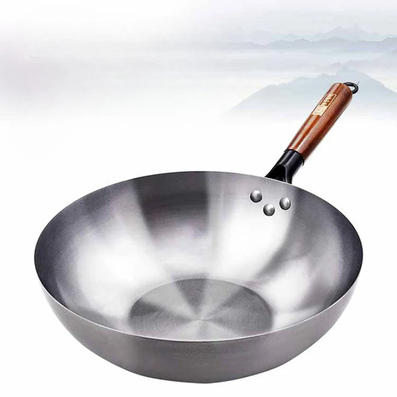 

Wooden Handle Iron Wok Non-Coating Iron Pot Cast Iron Pan General use for Gas and Induction Cooker Chinese Wok Kitchen Cookware