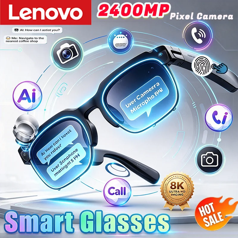 Lenovo AI Voice Assistant Record Smart Glasses 2400W HD Bluetooth Glasses AI Language Translation Calling Adult Camera Sunglasse